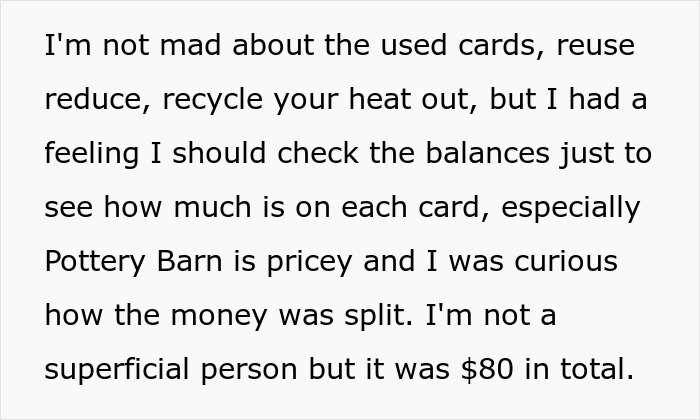 A screenshot from a social media post discussing a cousin causing wedding drama by sending used gift cards.
