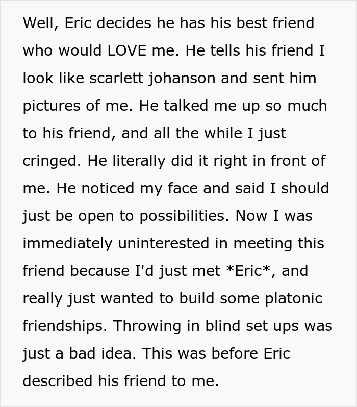 Text about a friend's attempt to set up a hot GF and a weight-loss coach for a buddy, making someone uncomfortable. Text about a friend's attempt to set up a hot GF and a weight-loss coach for a buddy, making someone uncomfortable.