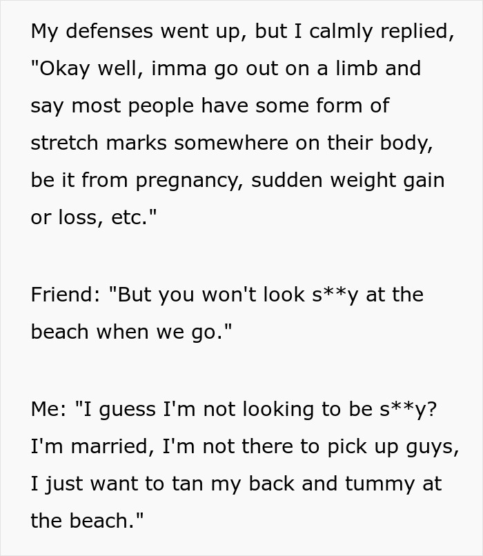 Screenshot of text where a friend gives unsolicited bikini advice, then doubles down on body-shaming. Screenshot of text where a friend gives unsolicited bikini advice, then doubles down on body-shaming.