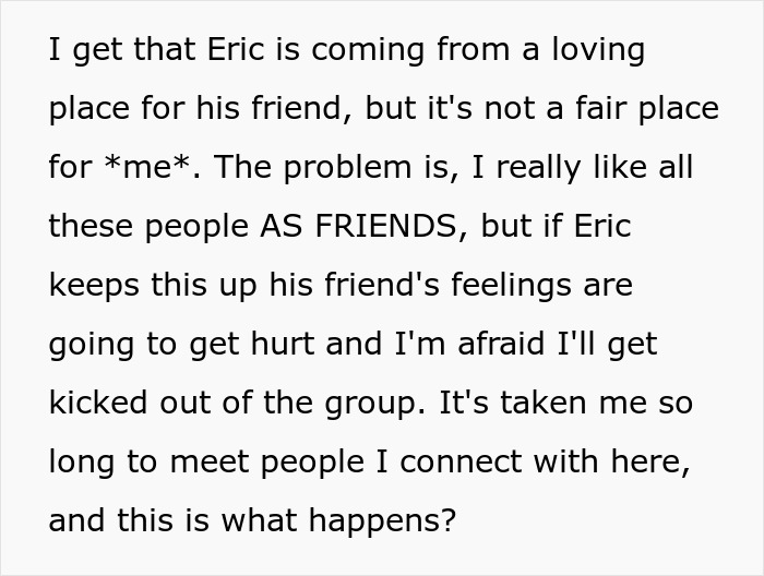A friend expresses frustration about a buddy trying to set them up, creating an awkward situation. A friend expresses frustration about a buddy trying to set them up, creating an awkward situation.