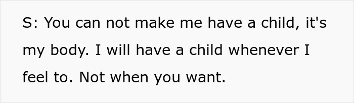 A screenshot of a woman's reply, refusing to have a child because her dad is angry she hasn't had one. A screenshot of a woman's reply, refusing to have a child because her dad is angry she hasn't had one.