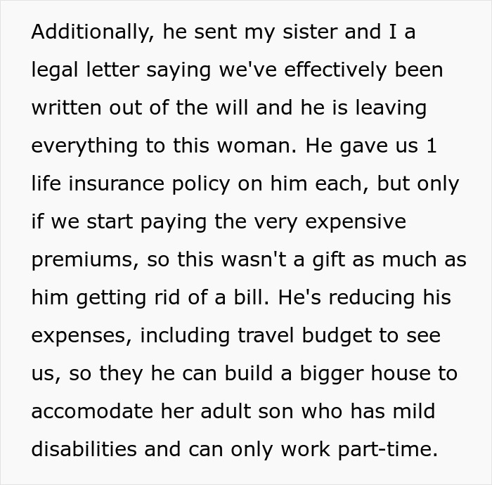 Text detailing how a widowed dad sent his daughters a legal letter cutting them out of the will. Text detailing how a widowed dad sent his daughters a legal letter cutting them out of the will.