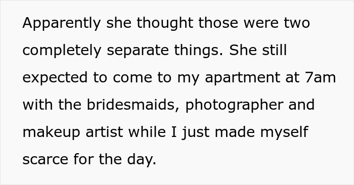 Text explaining a bride's frustration over her sibling's girlfriend's wedding expectations. Text explaining a bride's frustration over her sibling's girlfriend's wedding expectations.