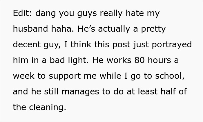 A woman defends her husband after refusing to cook for him, mentioning he works long hours to support her.
