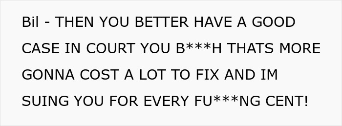 Text box with strong language from Bil about suing for a keyed car, leading to Karen losing the lawsuit.