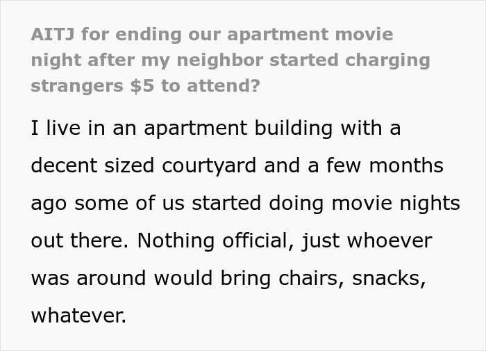 A Reddit post about an apartment movie night conflict A Reddit post about an apartment movie night conflict