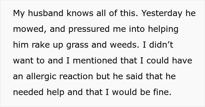 Text from a post where the woman describes her husband pressuring her to rake, despite her allergy concerns.