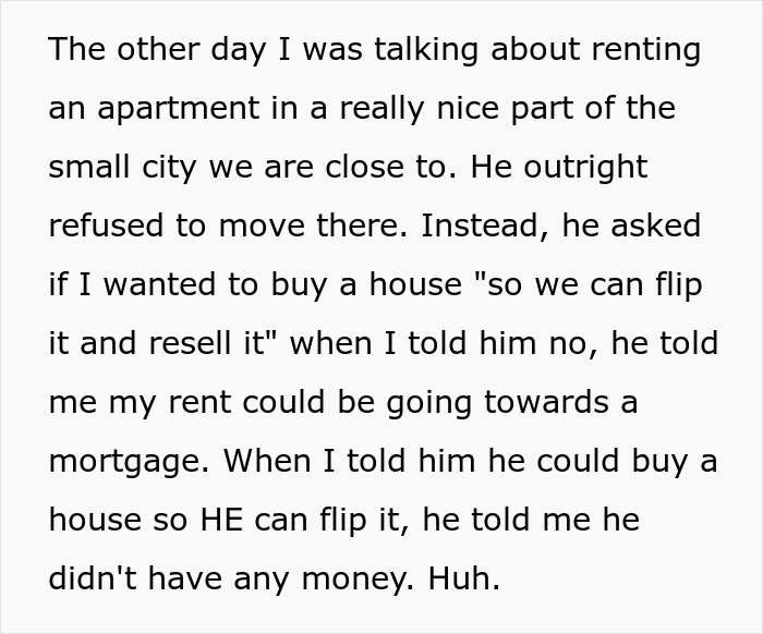 A black text on white background discussing renting an apartment and a jobless BF refusing to move there.