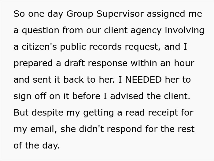Text about a Group Supervisor delaying an employee's work on a public records request, trying to make her look bad. Text about a Group Supervisor delaying an employee's work on a public records request, trying to make her look bad.