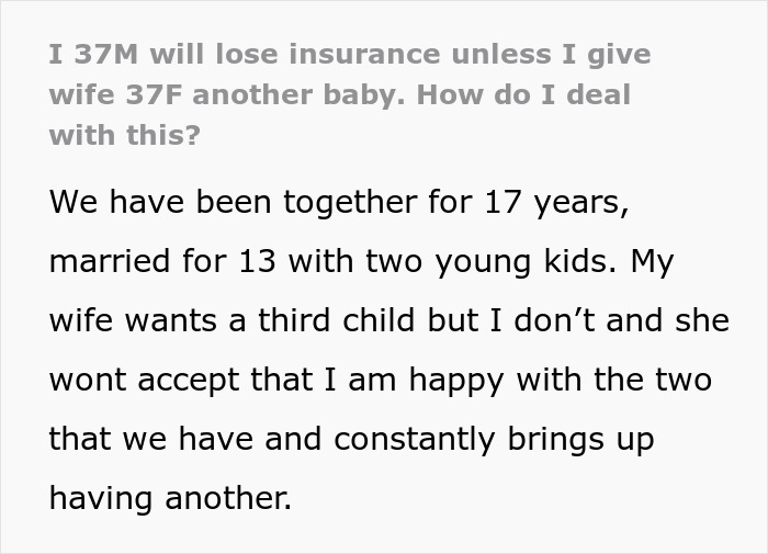Social media post of a husband facing ultimatum from his wife about their insurance coverage. Social media post of a husband facing ultimatum from his wife about their insurance coverage.