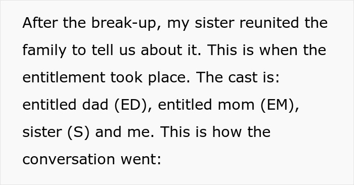 Text describing a family reunion after a breakup, involving an entitled dad and mom. Text describing a family reunion after a breakup, involving an entitled dad and mom.