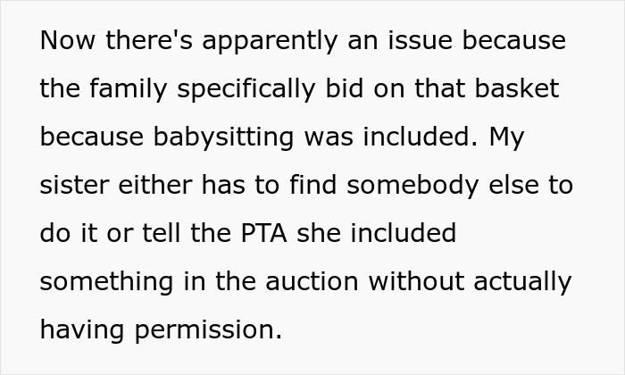 Text about family bidding on a babysitting basket in a school fundraiser auction