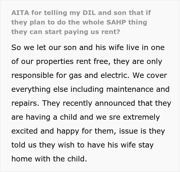 Screenshot of text discussing parents giving son free housing and his freeloading plan, causing family conflict.