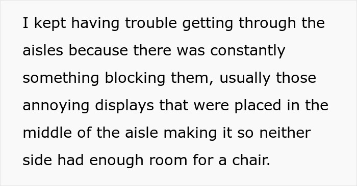 Screenshot of text describing a wheelchair-bound teen struggling with accessibility in aisles, advocating for change. Screenshot of text describing a wheelchair-bound teen struggling with accessibility in aisles, advocating for change.