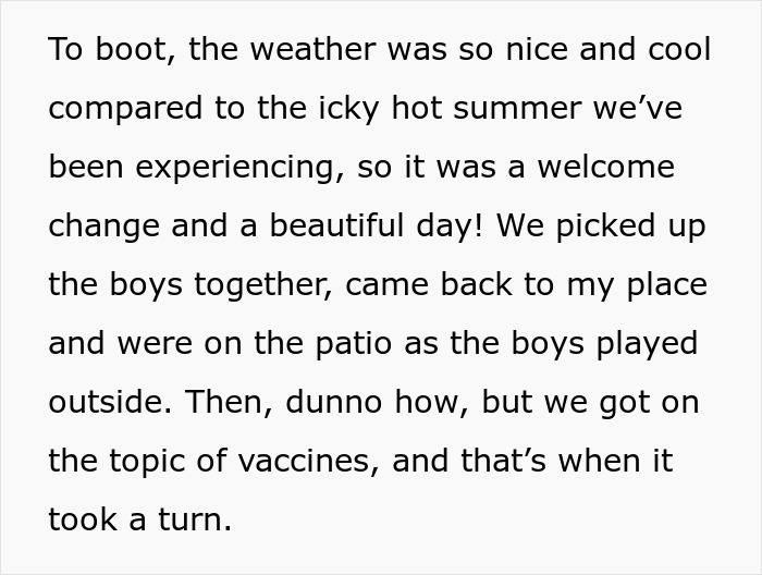 A black text story panel discussing a conversation that took a turn on vaccines. A black text story panel discussing a conversation that took a turn on vaccines.