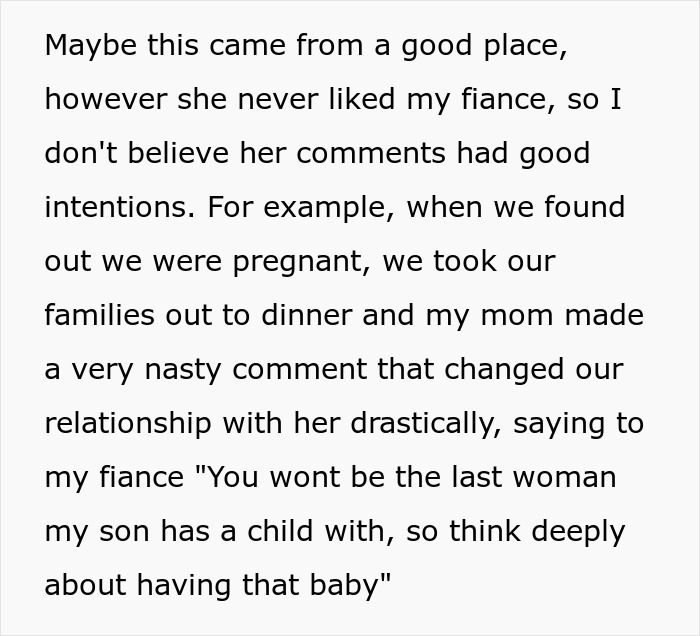 Text describing mother's negative remarks about fiance affecting family relationships and grandson access Text describing mother's negative remarks about fiance affecting family relationships and grandson access
