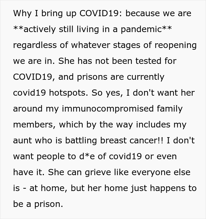 Text addressing COVID19 risks during a mom and aunt's prison break, impacting an immunocompromised family. Text addressing COVID19 risks during a mom and aunt's prison break, impacting an immunocompromised family.