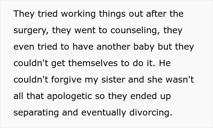 A black text screenshot about a sister and husband trying to work things out but eventually divorcing. A black text screenshot about a sister and husband trying to work things out but eventually divorcing.