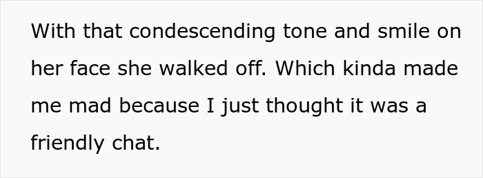 A screenshot showing a text message describing Karen's condescending tone and smile as she walked off after the conversation, part of the Dumb Karen loses lawsuit story.