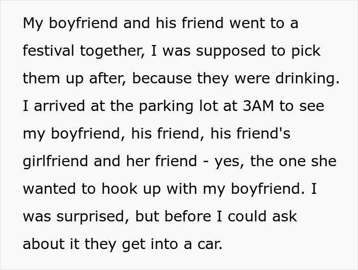 Screenshot of text: Describing a GF's surprise seeing her boyfriend with his friend and her rude friend. Screenshot of text: Describing a GF's surprise seeing her boyfriend with his friend and her rude friend.