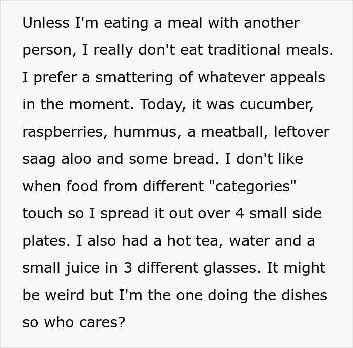 Reddit post describing the woman's unique eating habits amidst her stepdaughter's insults and criticism. Reddit post describing the woman's unique eating habits amidst her stepdaughter's insults and criticism.