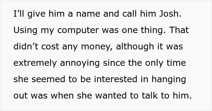 Black text about a fake friend taking advantage of a woman&rsquo;s kindness to use her computer.