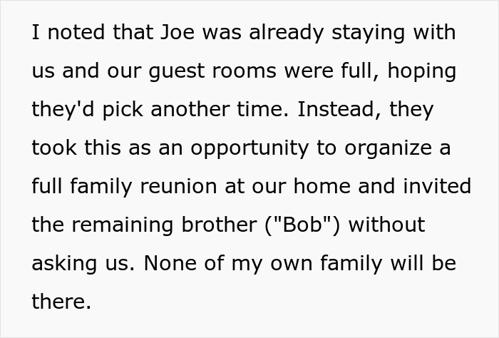 Text explaining a family conflict over guest rooms and an uninvited brother during Thanksgiving planning. Text explaining a family conflict over guest rooms and an uninvited brother during Thanksgiving planning.