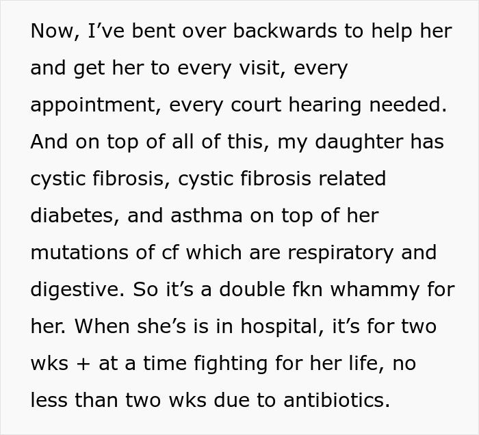 A screenshot of text about a daughter's health, mentioning cystic fibrosis and hospital stays. A screenshot of text about a daughter's health, mentioning cystic fibrosis and hospital stays.