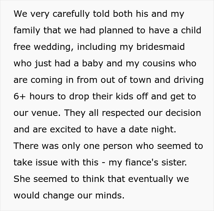 Screenshot of text detailing a family's respectful reaction to a child-free wedding and a sister's demands for exceptions.