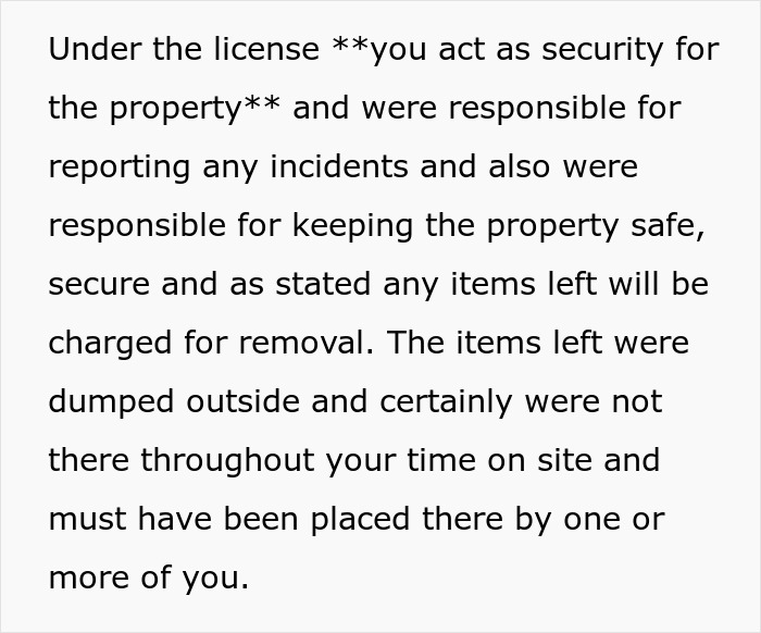 Text detailing landlord's security expectations and deposit refusal over items left. Text detailing landlord's security expectations and deposit refusal over items left.