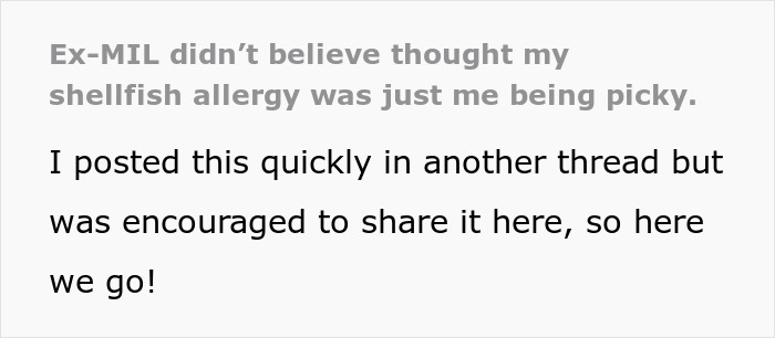 Screenshot of text about MIL thinking a shellfish allergy is fake and being picky, highlighting the allergy denial. Screenshot of text about MIL thinking a shellfish allergy is fake and being picky, highlighting the allergy denial.
