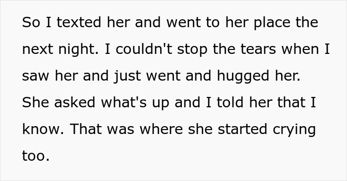 Screenshot of text where a brother hugs his sister and cries after he learns she gave her liver Screenshot of text where a brother hugs his sister and cries after he learns she gave her liver