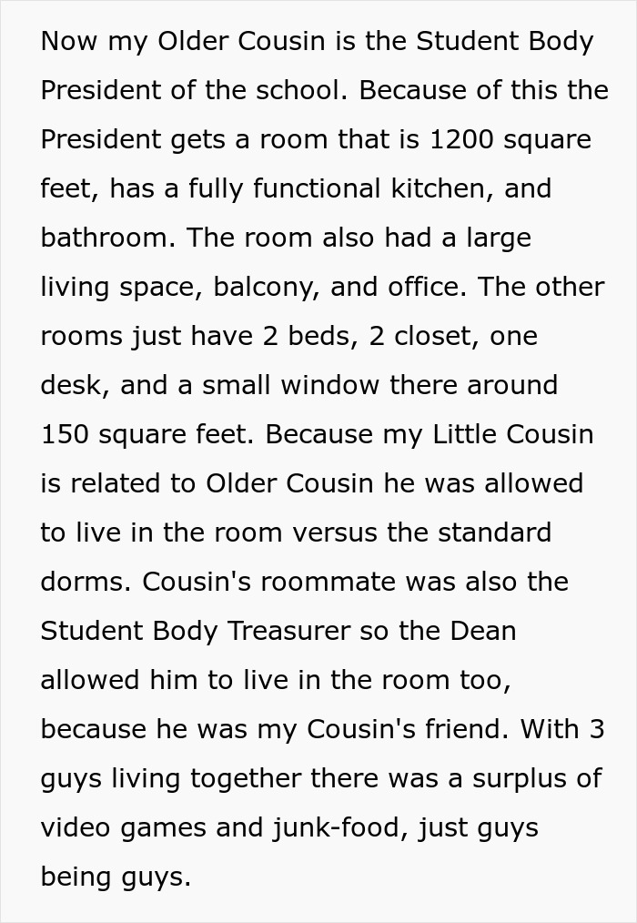 Details about student body president's large dorm room and roommates