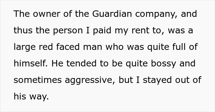 The landlord, a large red-faced man, described as bossy and aggressive, who received rent from the pub resident. The landlord, a large red-faced man, described as bossy and aggressive, who received rent from the pub resident.