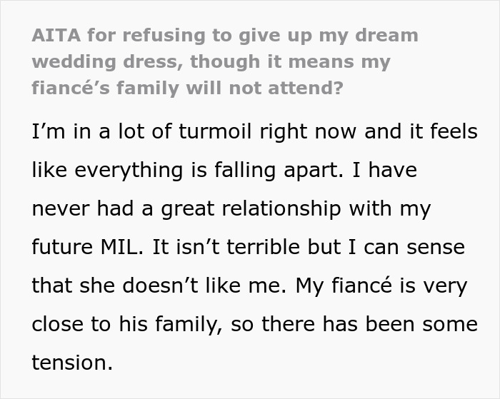 Screenshot of a post from a bride about her wedding dress and MIL conflict. Screenshot of a post from a bride about her wedding dress and MIL conflict.