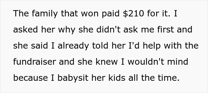 Text about family paying 210 dollars for babysitting auction package