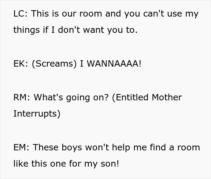 Text dialogue about room dispute and entitled mother interrupting roommates