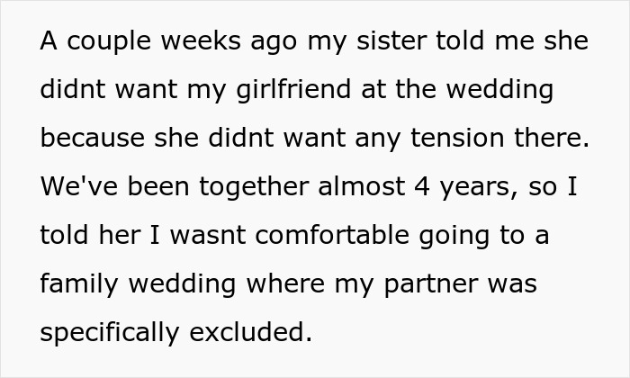 Screenshot of text explaining the bride's decision to exclude her sibling's girlfriend from the wedding. Screenshot of text explaining the bride's decision to exclude her sibling's girlfriend from the wedding.