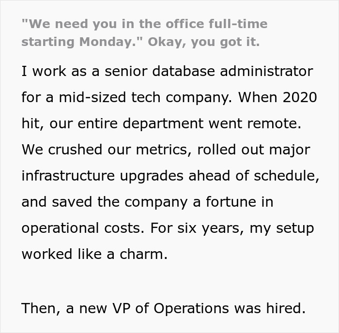Screenshot of text detailing an employee's remote work setup and strong performance before a new VP required returning to HQ. Screenshot of text detailing an employee's remote work setup and strong performance before a new VP required returning to HQ.