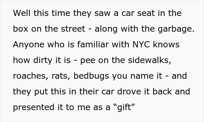 Text describing in-laws finding and gifting a dirty baby car seat from NYC garbage