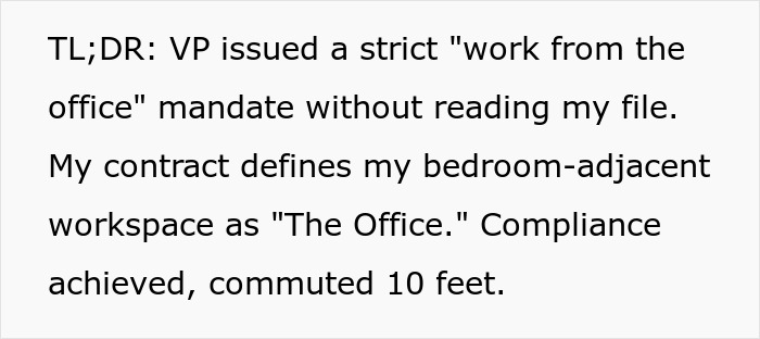 Text stating an employee's bedroom-adjacent workspace is his approved home office, achieving compliance. Text stating an employee's bedroom-adjacent workspace is his approved home office, achieving compliance.