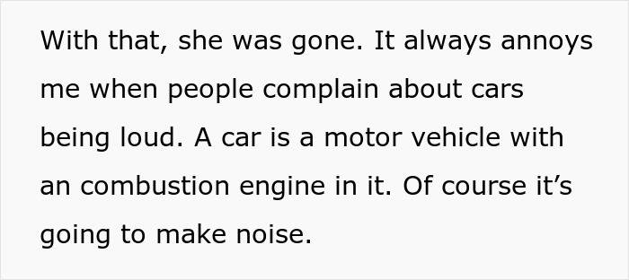 Text bubble explaining how cars make noise and the annoyance of people complaining about them, related to a keyed car lawsuit.
