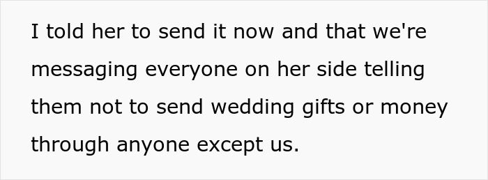 Text snippet about warning wedding guests not to send wedding gifts or money through MIL. Text snippet about warning wedding guests not to send wedding gifts or money through MIL.