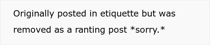 Text snippet: A post mentioning it was removed as a ranting post from an etiquette forum regarding bridal shower payments.