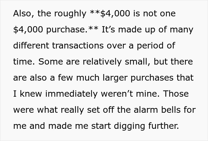 Screenshot of text explaining that roughly $4,000 in purchases, not matching the wife's spending, revealed husband's financial misuse.
