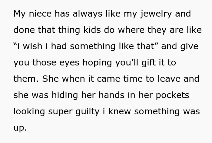 Text detailing a 14YO sneaking an aunt's sapphire engagement ring, leading to it getting stuck.