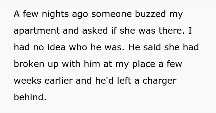 Screenshot of text about a man trying to retrieve a charger after being dumped at a bestie's apartment. Screenshot of text about a man trying to retrieve a charger after being dumped at a bestie's apartment.