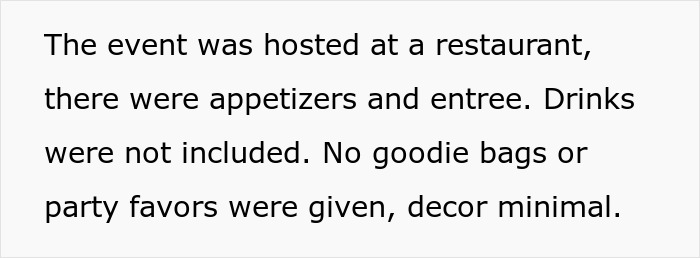 Text describing the bridal shower event, held at a restaurant with appetizers and entree, no drinks or favors.