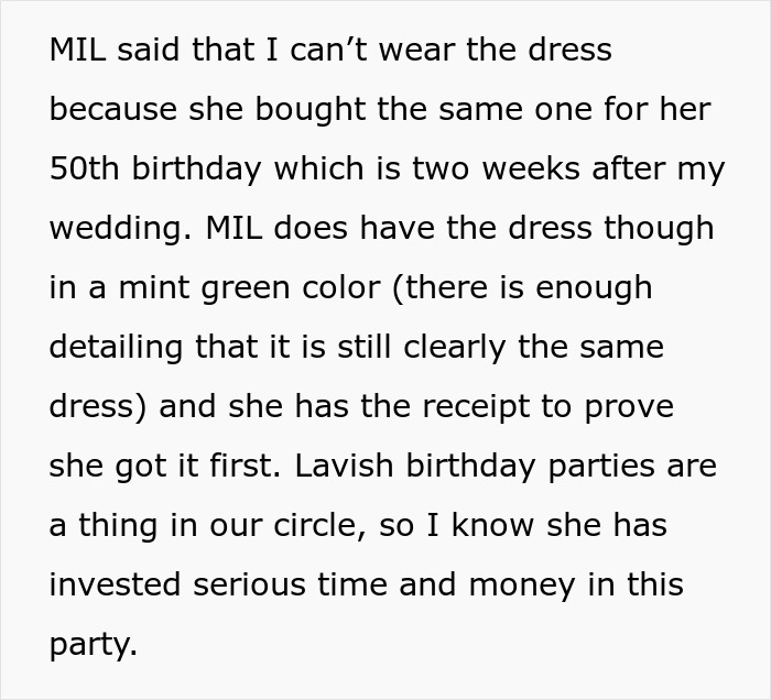 Screenshot explaining the MIL's claim over the wedding dress purchase. Screenshot explaining the MIL's claim over the wedding dress purchase.