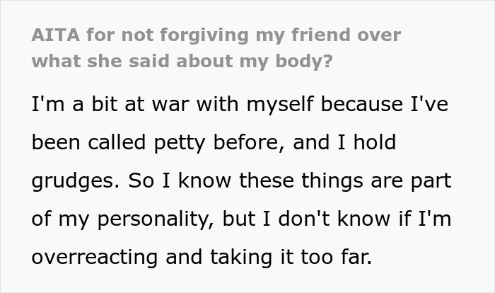 Text about a woman questioning if she is overreacting after a friend's unsolicited bikini advice and body-shaming. Text about a woman questioning if she is overreacting after a friend's unsolicited bikini advice and body-shaming.